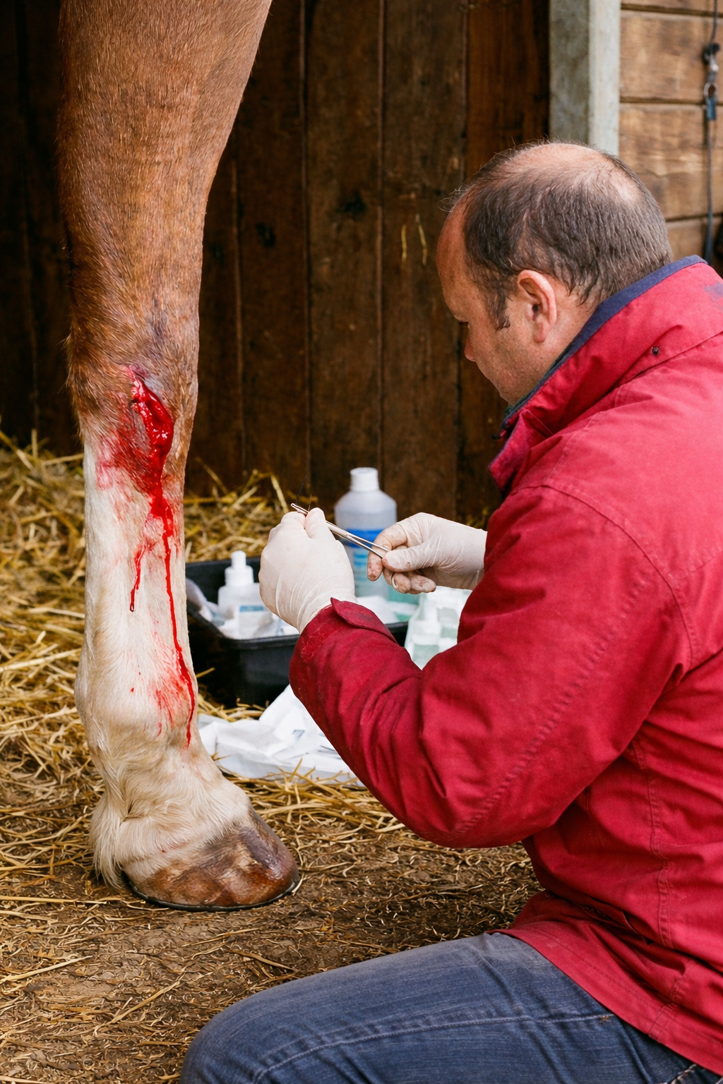 Caballo con herida en una pata que es atendido por el veterinario equino Javier Vázquez. Urgencias Veterinarias Equinas 24h en Huelva, Sevilla y Cádiz: Respuesta Profesional e Inmediata.