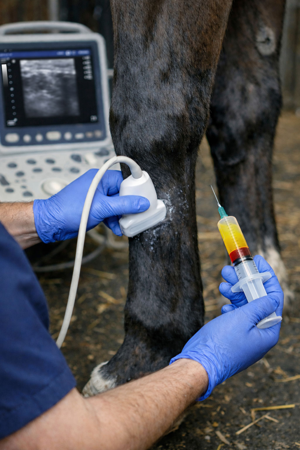 Inyección plasma rico en plaquetas guiada por ecógrafo para caballos en Huelva